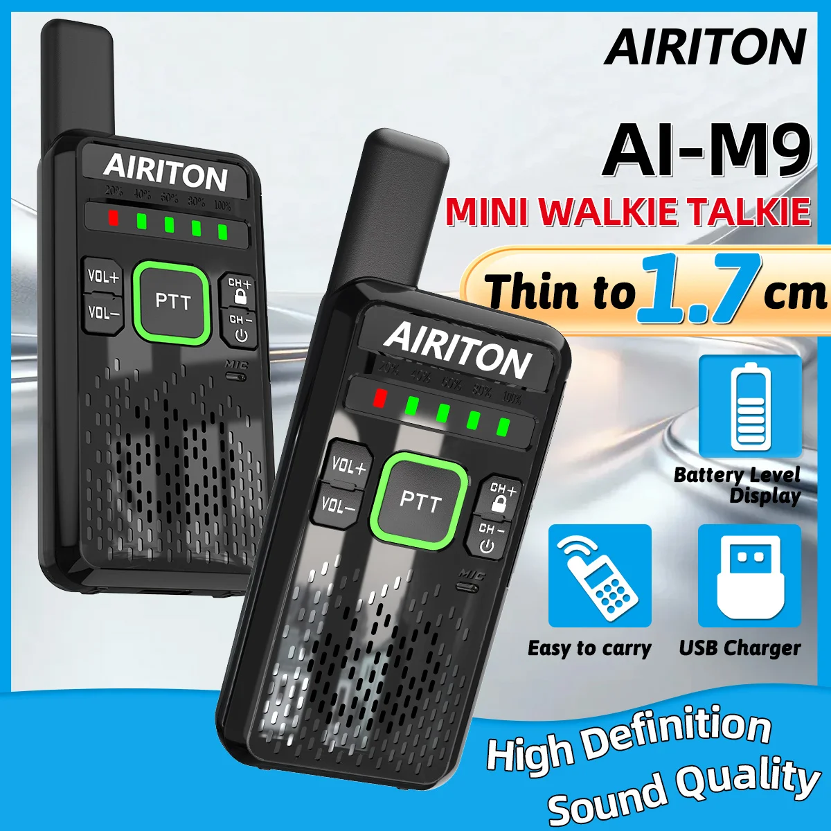 

2 шт. рации AIRITON AI-M9, миниатюрные (тонкие до 1,7 см), перезаряжаемые, с индикатором уровня заряда батареи, UHF, HD-звук, зарядка Type-C, любительская радиостанция