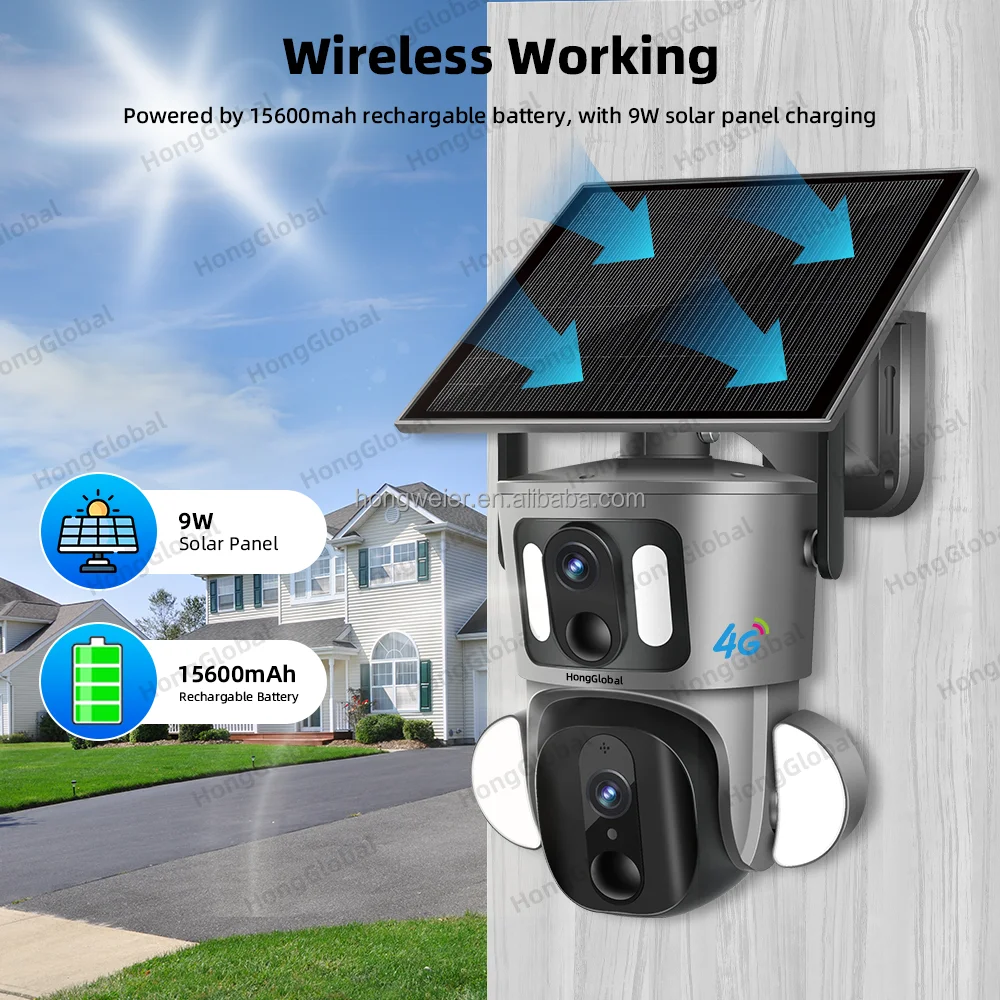 HongGlobal 8MP PTZ CCTV Solar Energy Wireless Surveil Light Camera Ubox Dual Lens 4G Outdoor Security 4G Sim Card Solar Camera