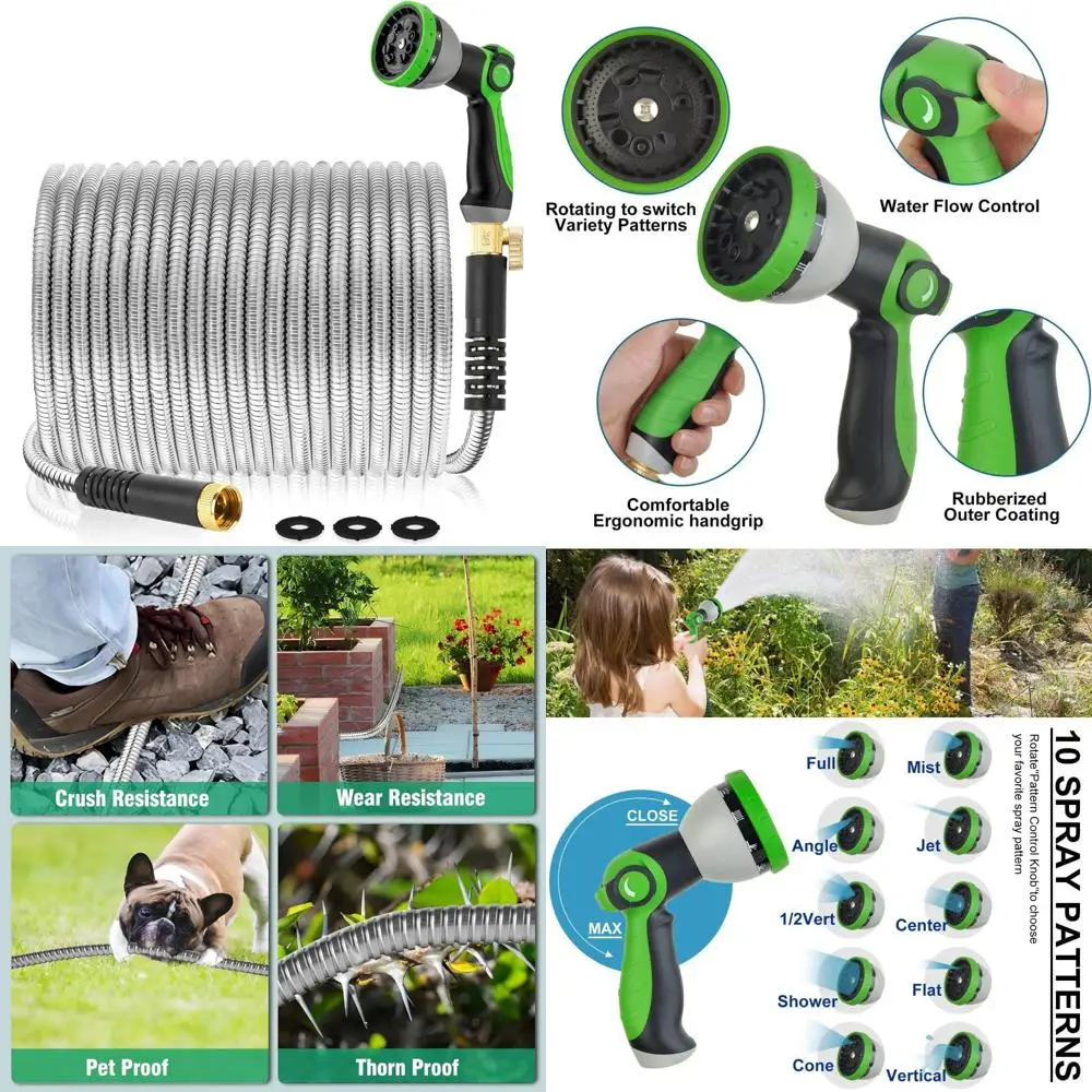 

Сверхпрочный садовый шланг из нержавеющей стали длиной 200 футов с насадкой с 10 узорами — гибкий, легкий, не спутывающийся для улицы