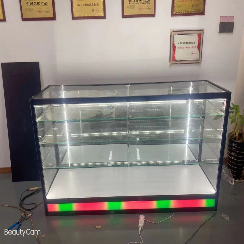 

custom.Toughened Glass Display Cabinet with Custom Moving Led Lights for Malls