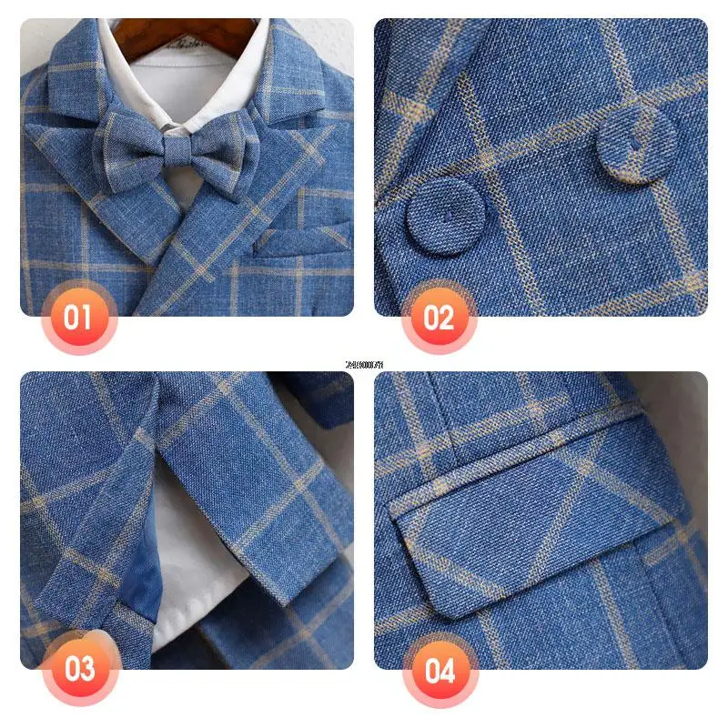 Children Plaid Blue Wedding Suit  Baby 1 Year Birthday Dress Prince Kids Jacket Pant Photograph Suit Flower Boys Tuxedo Costume