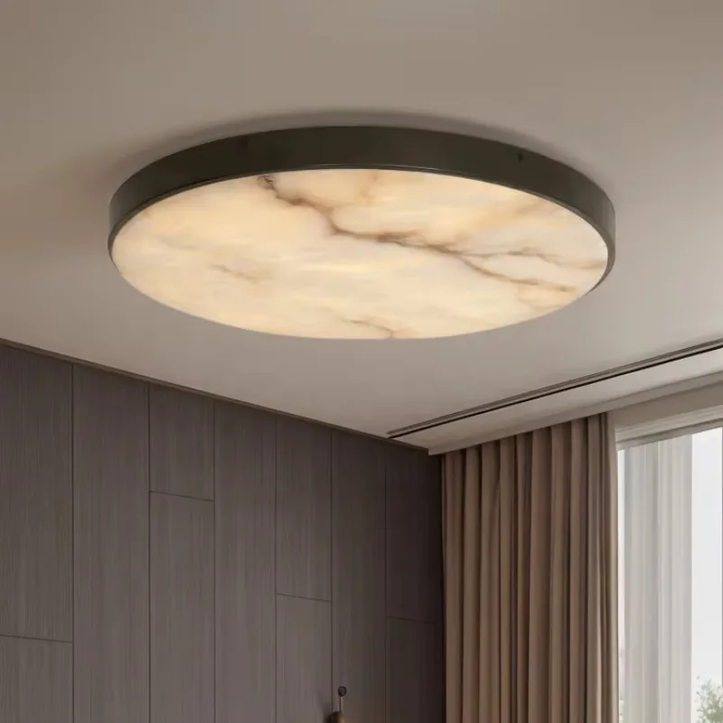 Round Alabaster Ceiling Light Nordic Luxurious Brass Fittings Natural Marble Surface Flush Mount Lamp for Bedroom Living Room