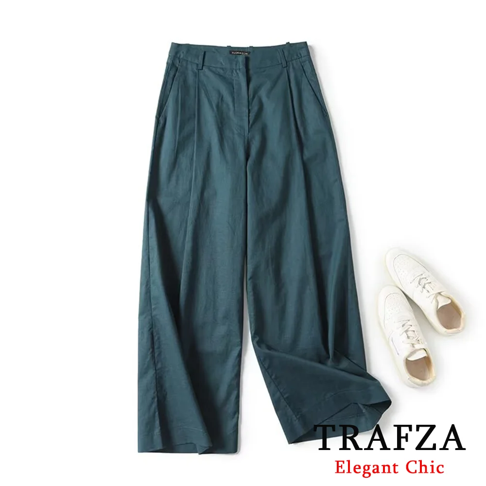 

TRAFZA Fashion Autumn Spring Basic Wide-Legged Linen Pocket Trousers Women's Wide Leg Zipper Pants Casual Commuter Pleated Pants