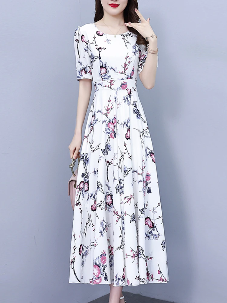 Robe longue d'été à manches courtes en mousseline de soie, style bohème, motif floral, tenue de soirée décontractée, style coréen, 2024