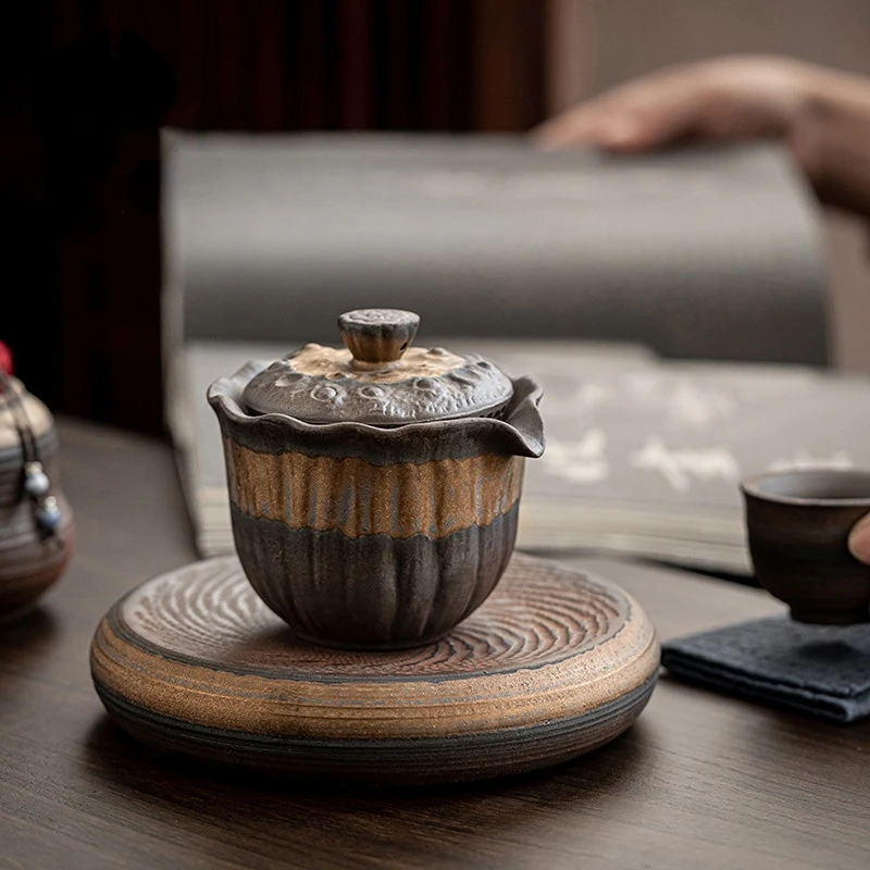 

Gaiwan Infuser Old Rock Mud Raw Ore Vintage Rough Pottery Cover Bowl Yixing Hand Held Pot Single Tea Making Set Non Hot Kung Fu