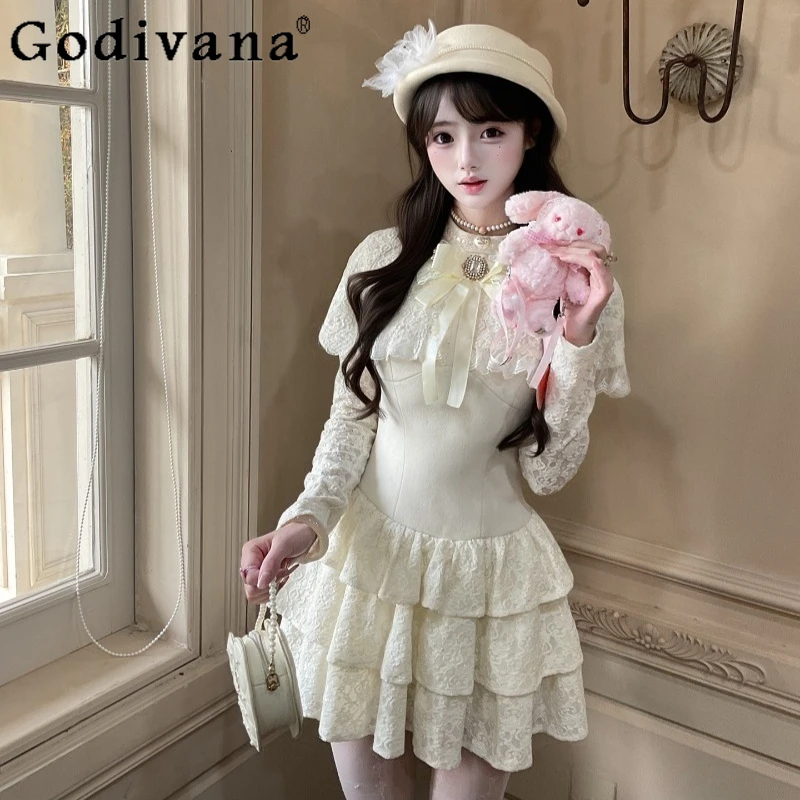 

Lace Series Sweet Gentle Dress for Ladies Japanese Style Lace Autumn Winter Base Dress Women's Slimming Bodycon Lolita Dress