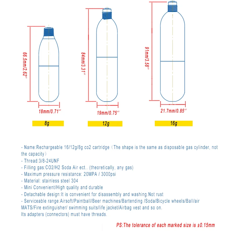 Outdoor Inflation Reusable gas Tank Tire Inflator Stainless Steel Mini Pump 8/12/16g Co2 Cartridge MTB Bicycle Bike Accessories