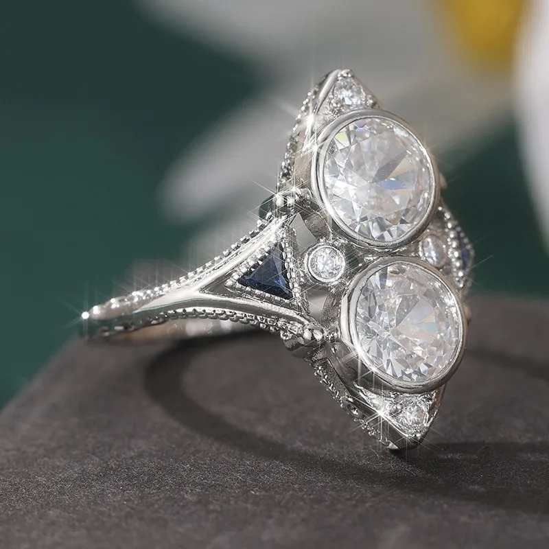 Eleganter, mit blau-weißen CZ-Steinen besetzter Damenring in Silberfarbe, geometrisches Design, für den Alltag, Verlobung, Party, Geschenk, Accessoires – Detail 4