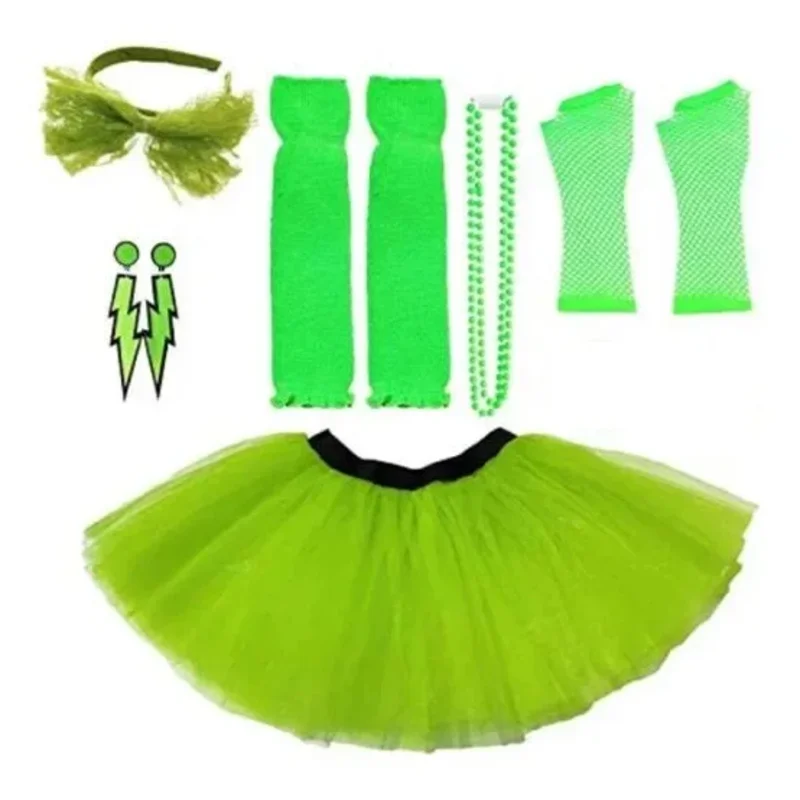 80s Costumes Accessories Set for Women Tutu Skirt Butterfly Hair Band Necklace Lightning Earrings Fishing Net Gloves Long Sleeve