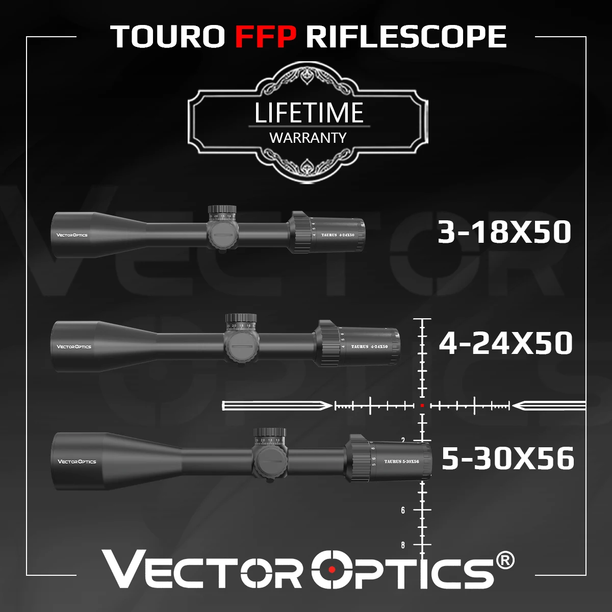 Vector Optics Taurus 3-18x50/4-24x50/5-30x56 FFP Lunette de Tir avec Technologie Allemande, Image Diamant Clair et Éclairage Pour la Chasse et la