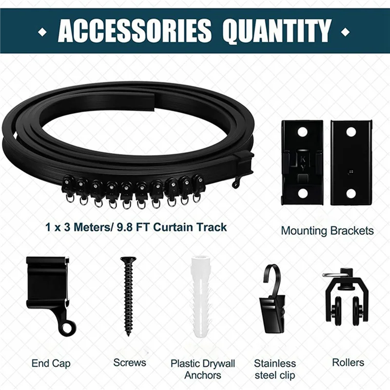 

【CLEARANCE】2X Flexible Bendable Curtain Track, Ceiling Wall Mounted, Black Curved Heavy Duty RV Sliding Curtain Track 2Meter
