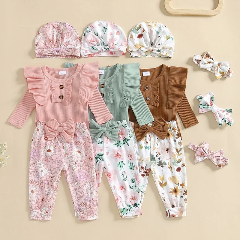 Baby Clothing Girl Ribbed Long Sleeve Romper Flower Print Pants Headband Hat Autumn Spring Outfits Newborn Clothes