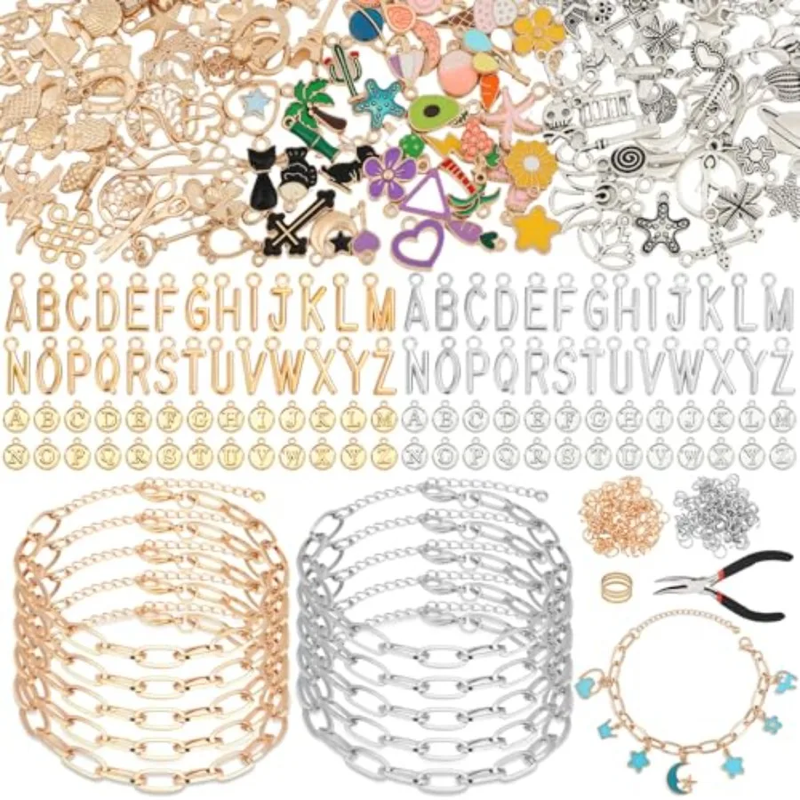 

Charm Bracelet Making Kit for Adults and Teens, 477Pcs DIY Charm Bracelet Set with Gold and Silver Charms, Paperclip Chain Brac