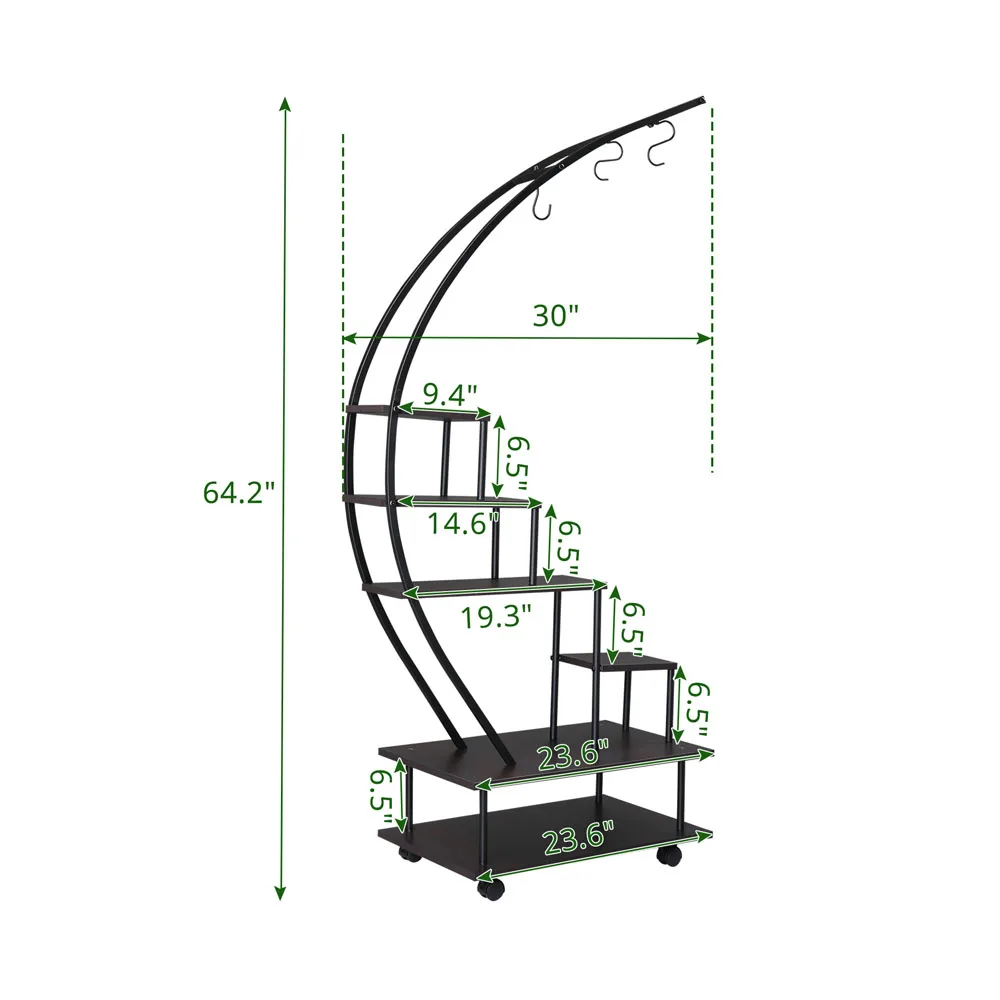 6 Layers Plant Flower Pot Display Stand With Wheels Indoor Backdrop Iron Wood Stand For Garden Balcony Patio Lawn Black