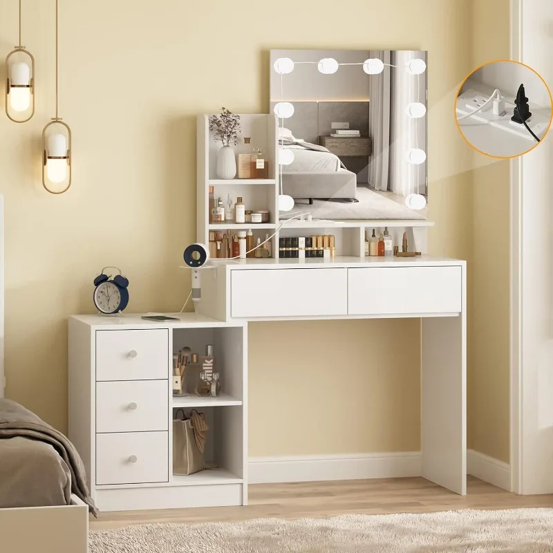 Dressing Table with Light and Charging Station, White Multipurpose Dressing Table, 5 Drawers and Storage Racks, Suitable For