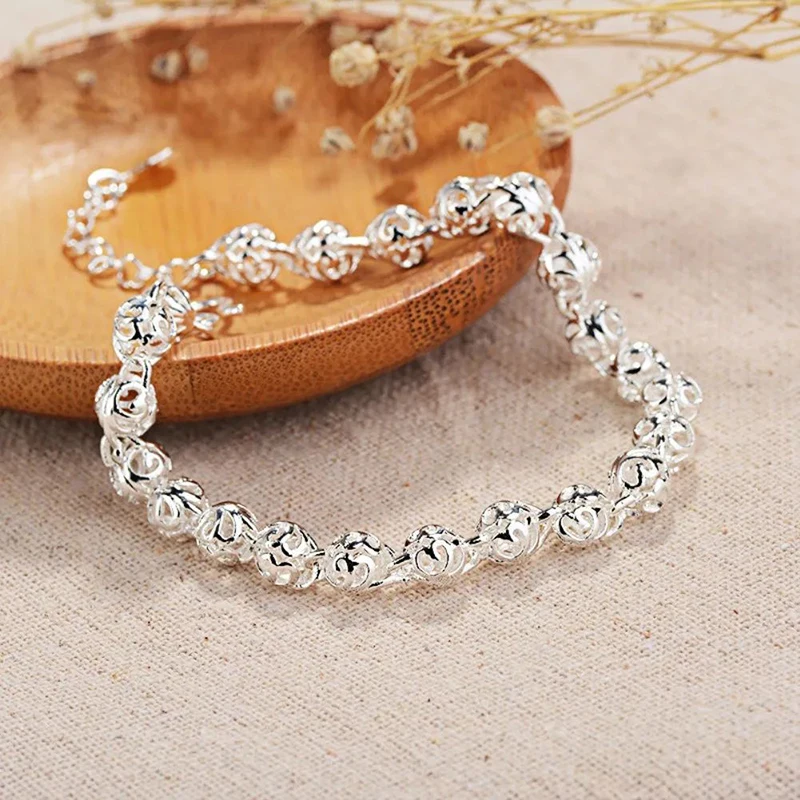 New Pretty lovely Hollow ball Chain 925 Sterling Silver Bracelet for Women Fashion Wedding Party Holiday gift fine Jewelry