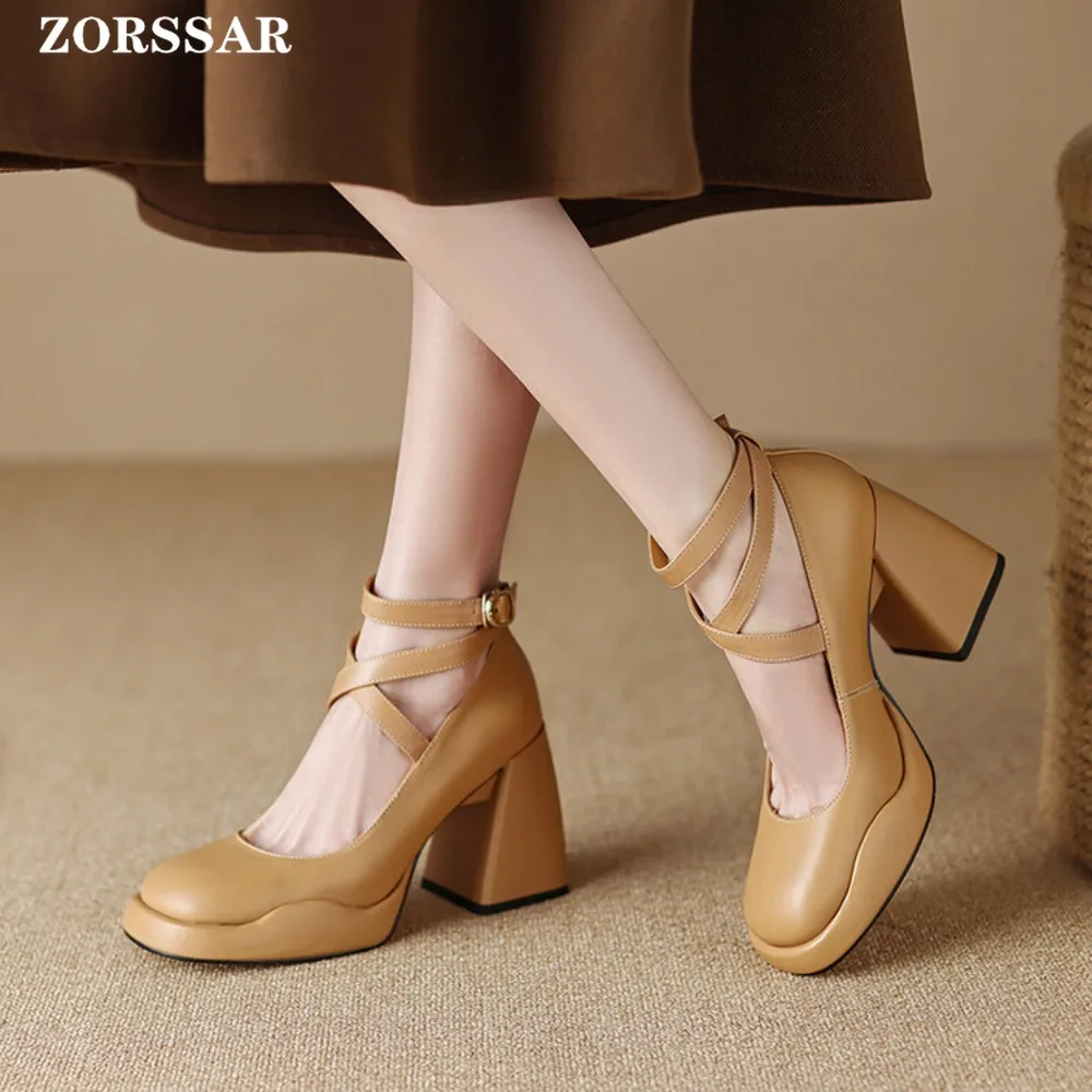 

2024 Spring Thick Heels Platform Mary Janes Women Sweet Lovely Ankle Strap Lolita Shoes Woman Patent Leather High Heels Pumps