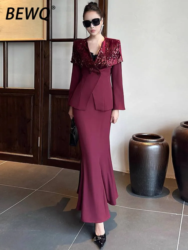 

BEWQ Fashion Women's 2 Pcs Set V-neck Patchwork Sequins Double Breasted Blazer Loose Skirt Suit Evening Party 2025 Autumn New