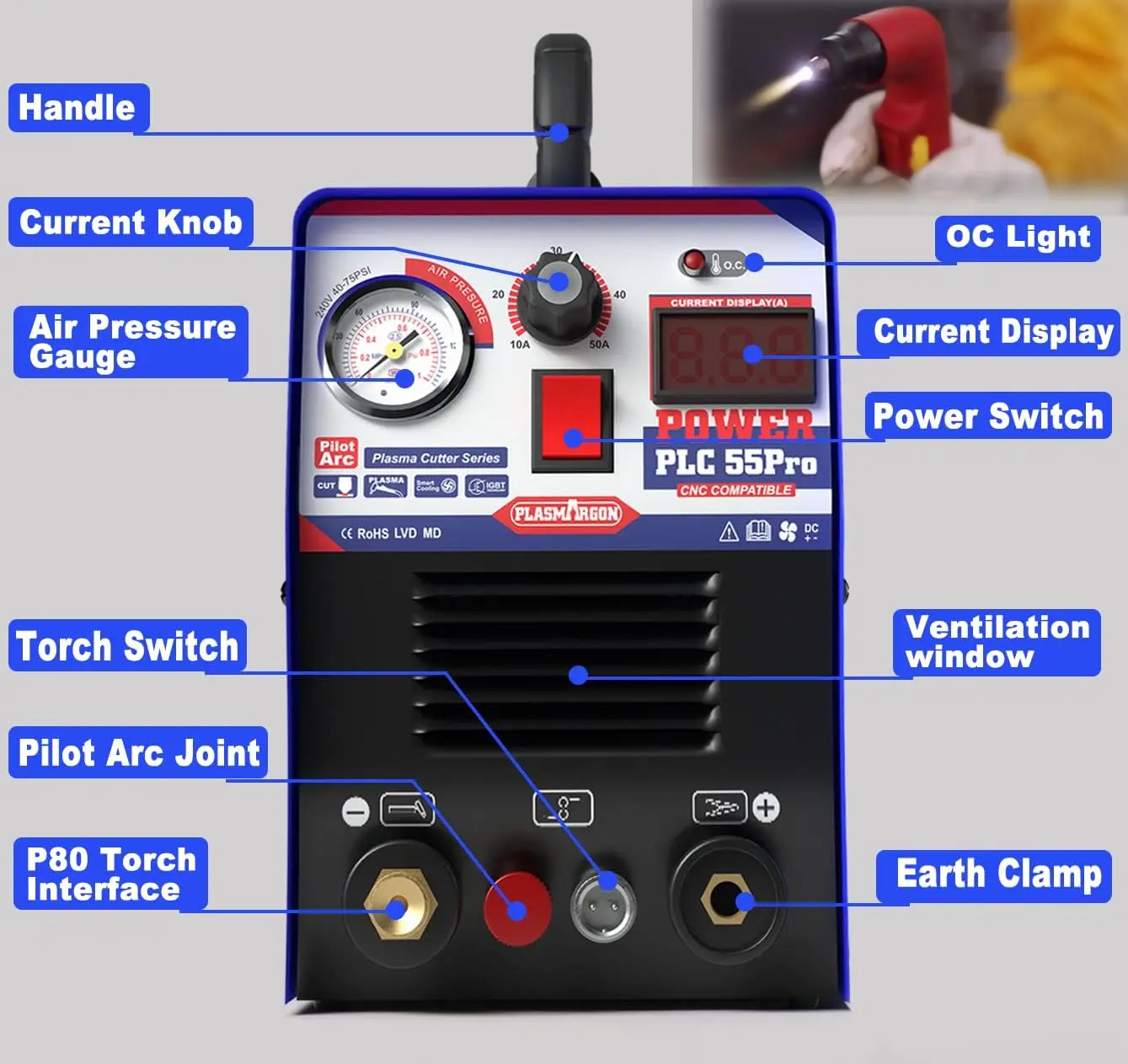 PLASMARGO Pilot Arc Plasma Cutter IGBT 220V Single Phase CNC Plasma Cutting Machine PLC55PRO 55Amp 14mm Cut  Steel All Metal