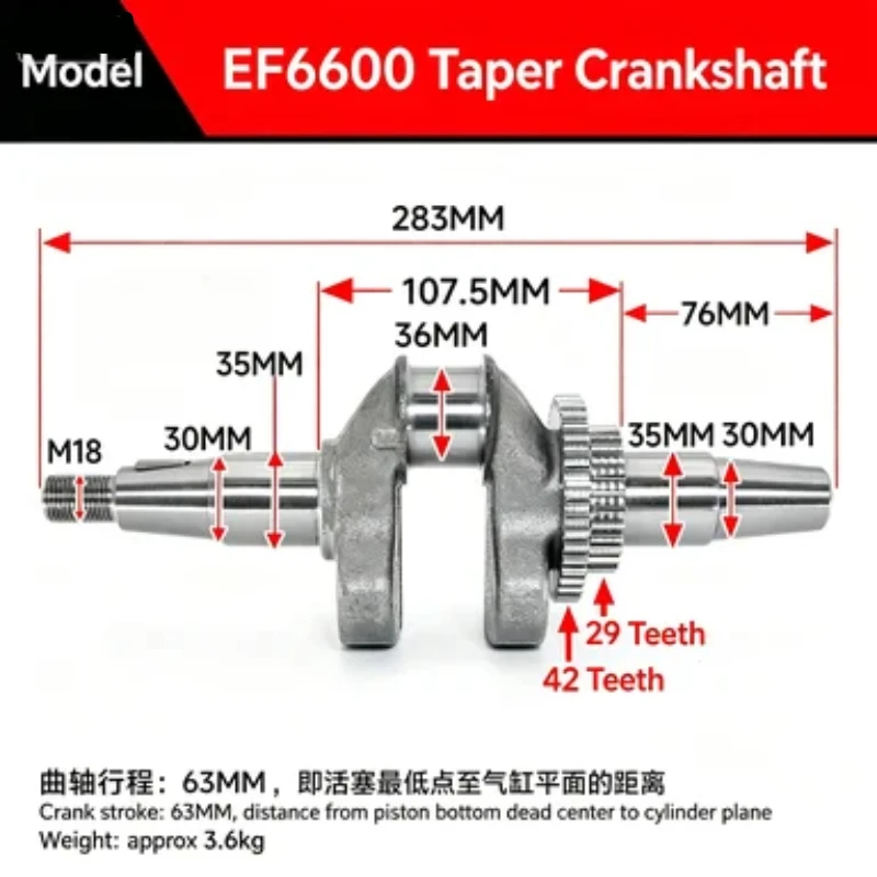 Crankshaft Assembly for Generator & Water Pump, Fit YP20MZ175 MZ360 EF2600 EF6600, Engine Spare Parts