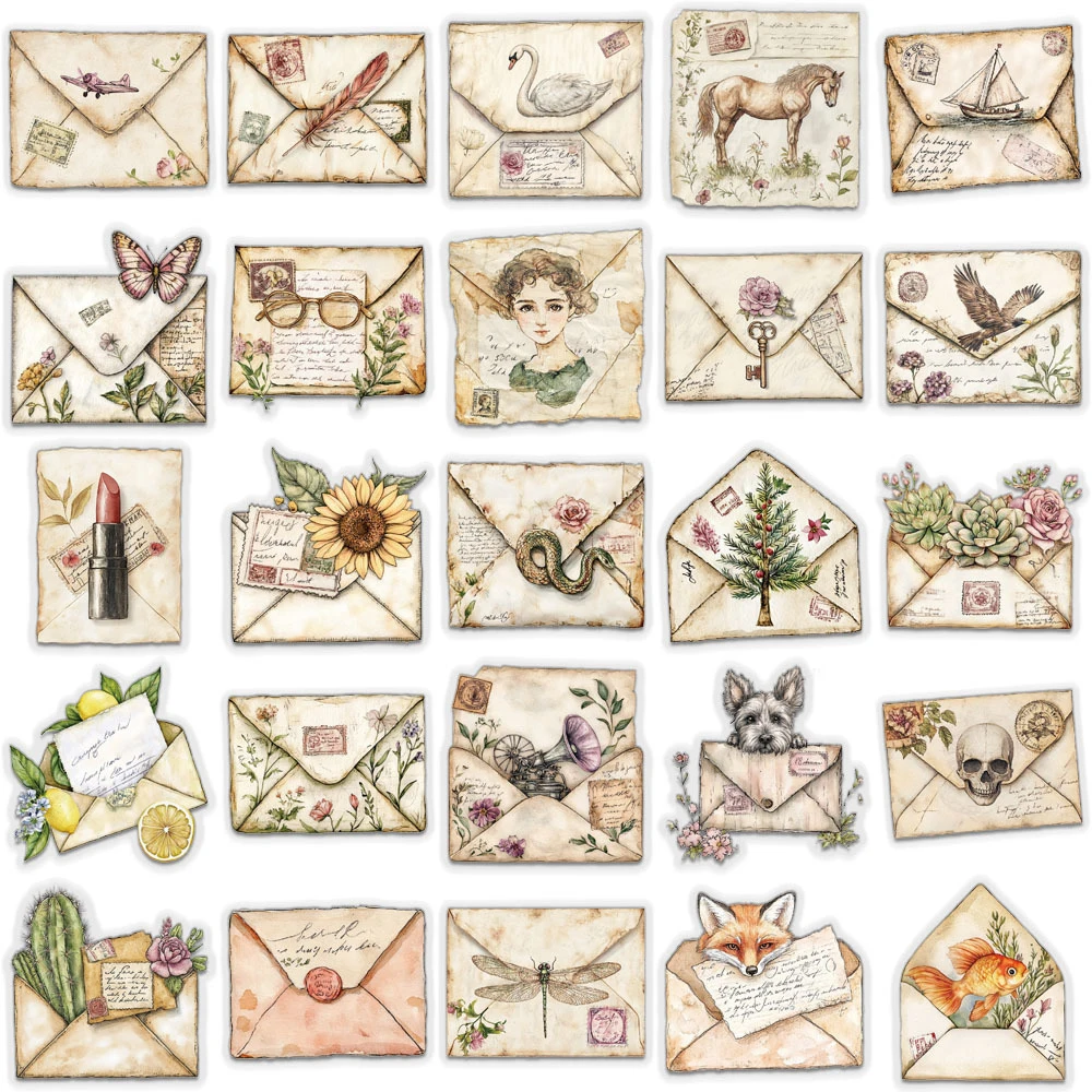 10/30/50pcs 투명 레트로 봉투 미적 스티커 빈티지 아트 만화 데칼 DIY 스크랩북 전화 가방 스티커 장식