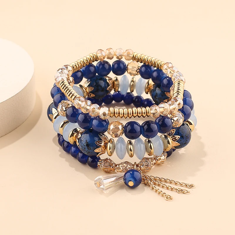 4-teiliges Set aus stapelbaren Armbändern im Bohème-Stil für Damen, mehrschichtiges Armband mit Glasperlen und dehnbarem Kettenarmband, modischer Schmuck für Herren. – Detail 13