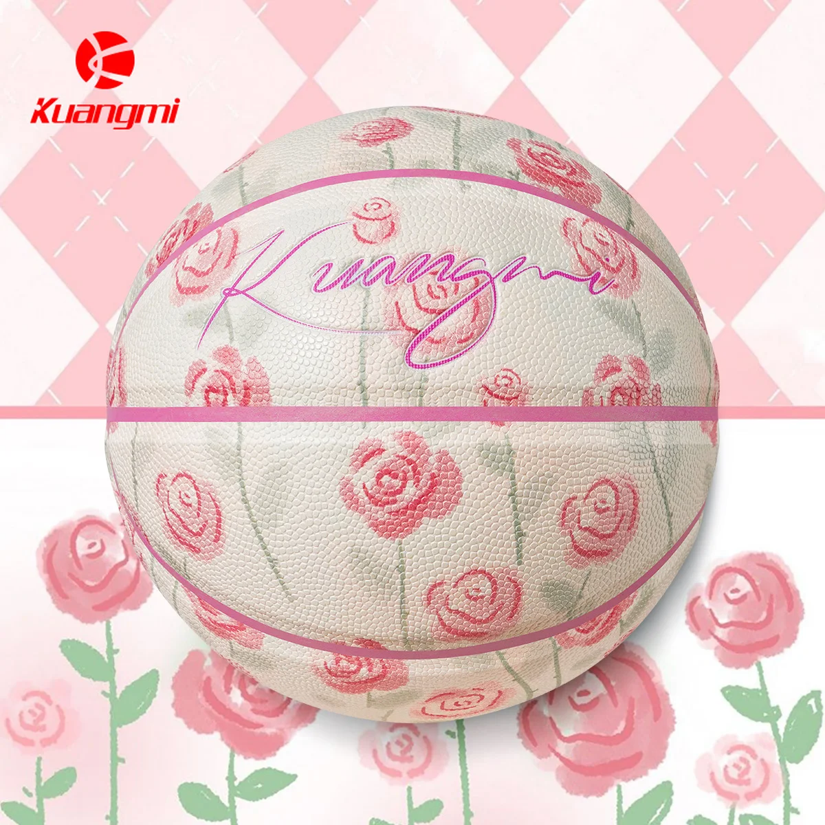 Kuangmi Rose Romantic Basketball Standard Size 6 7 Team Competition Balls Hygroscopic Anti-Friction PU Training Ball  Adults