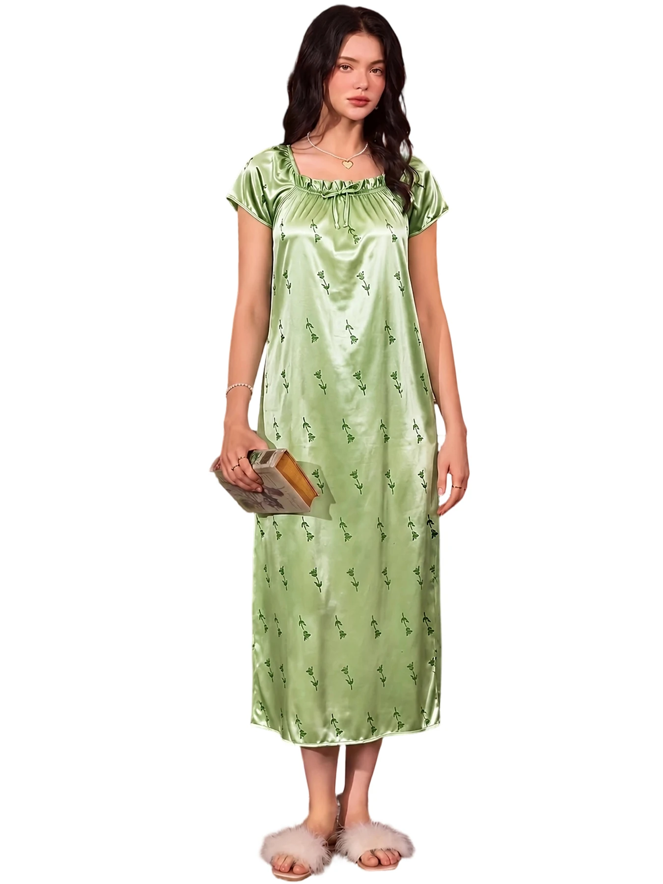 Women's Satin Nightgown Square Neck Short Sleeve Floral Print Long Sleepwear Silky Soft Sleep Dress Summer