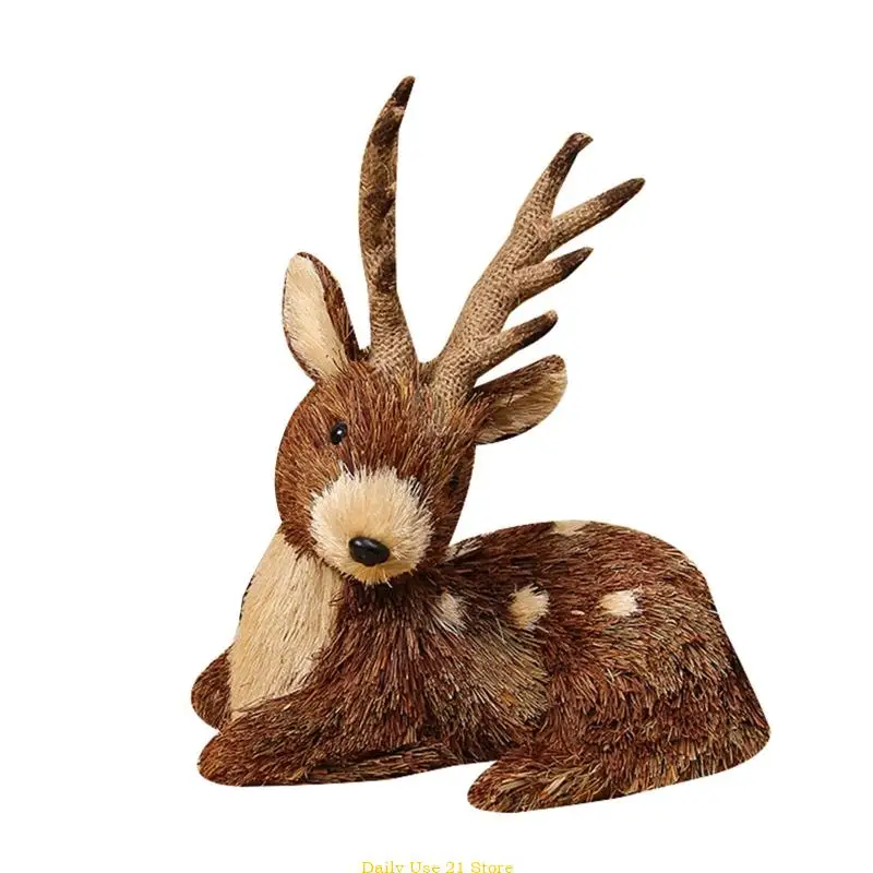 

Handmade Straw Grass Elk Ornament Pastoral Rustic Woven Christmas Sitting Sika Deer for Doll Animal Figurines Desktop