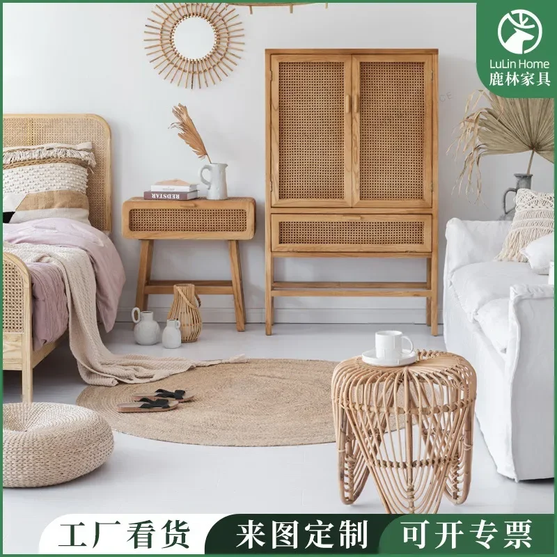 Nordic Rattan Solid Wood Bedside Table Japanese Style Nightstand Living Room Dining Side Table Storage Cabinet for Home B&B