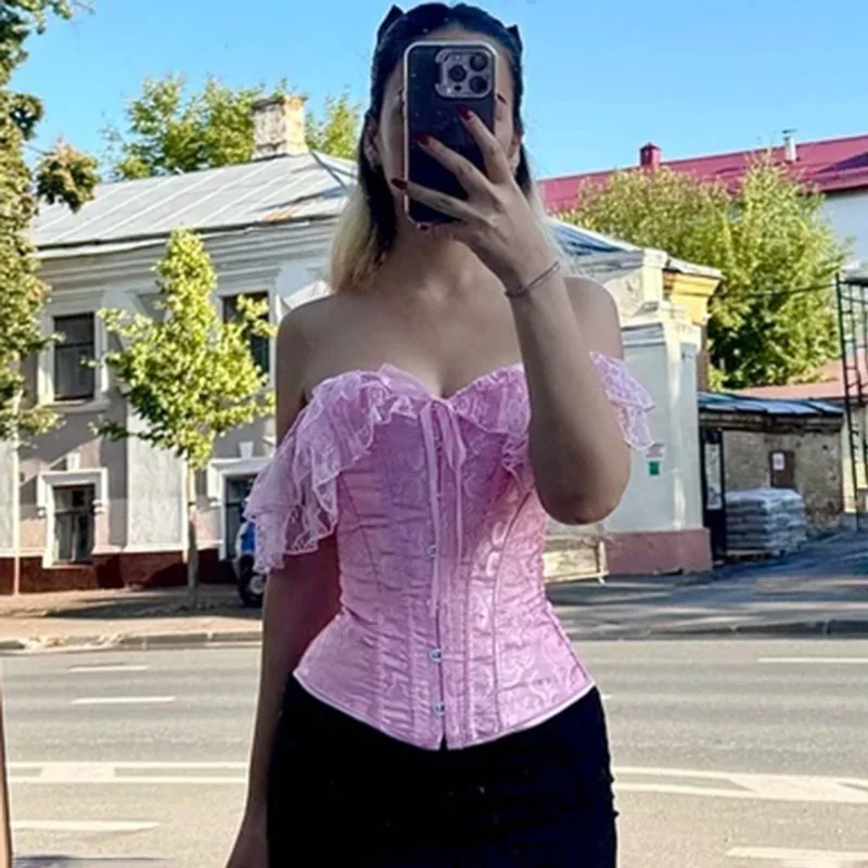 TARUXY Women Sexy Lace Corset Top Off Shoulder Ruffled Sleeve Lace Up Hook Eye Bustier Floral Jacquard Slim Y2K Party Camis Tops