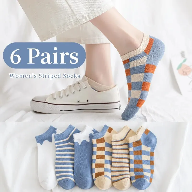 6 Pairs of Women\'s Spring and Summer Four Season Striped Plaid Fashion Trend Simple and Comfortable Sports Style Socks