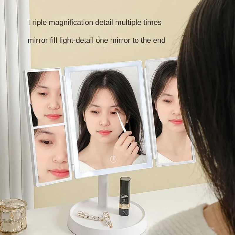 Makeup Mirror Desktop with Light, LED Smart Mirror Bedroom, Desktop Magnifying Fill Light, Three Sided Folding Mirror