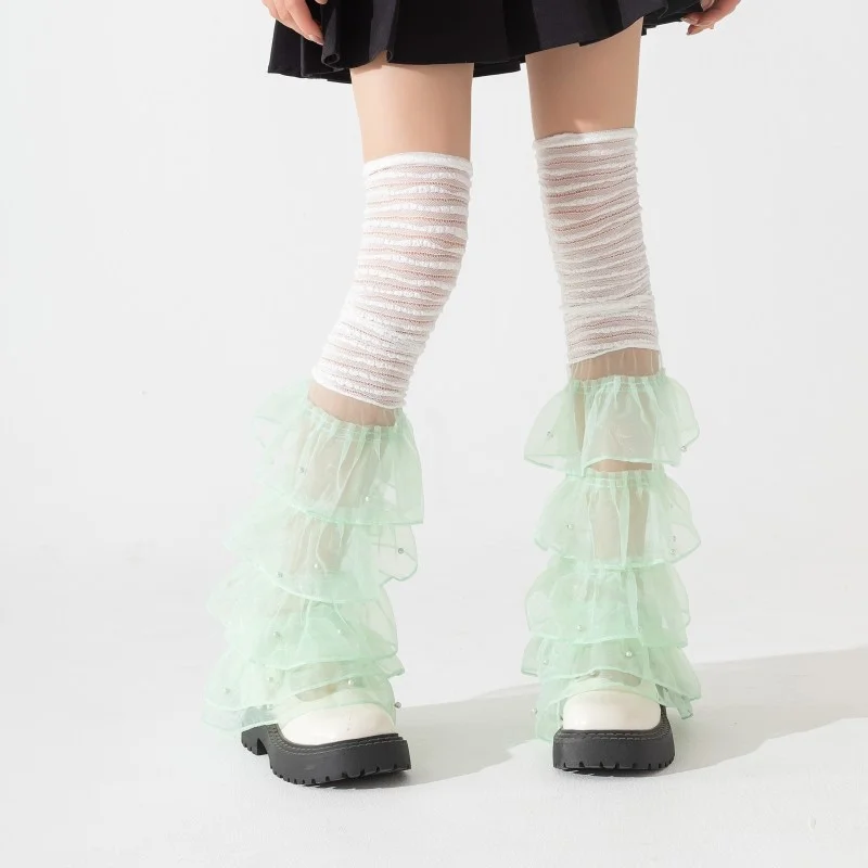 Harajuku Multi-layer Mesh Lace Thigh High Leg Cover Lolita Socks Anime Cosplay Pearls Over Knee Leg Warmers Ruffle Princess Soxs