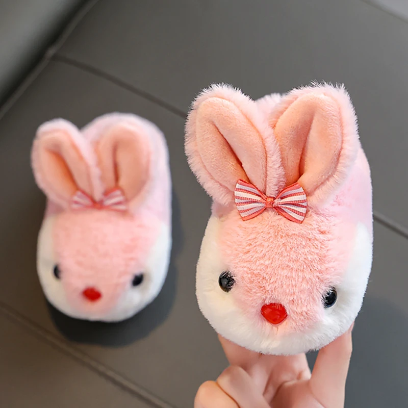 New Children\'s Plush Slippers Girls Autumn Winter Kids Slides Cute Rabbit Toe Wrap Indoor Home Floor Non-Slip Warm Cotton Shoes