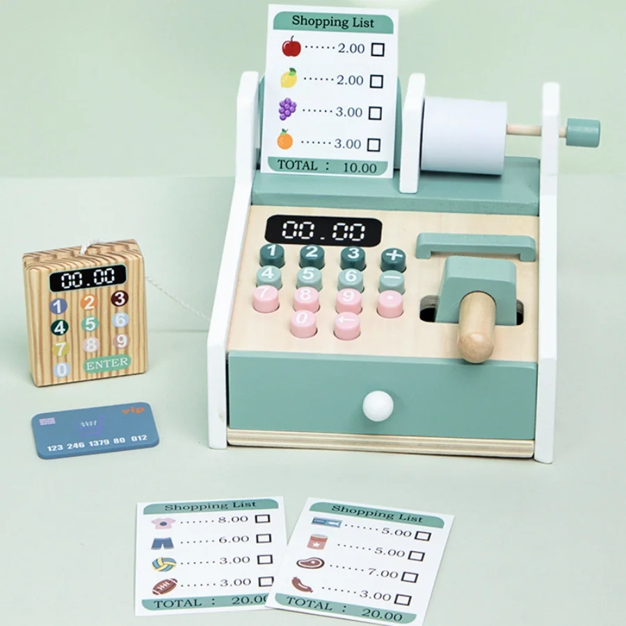 New early education play house toy set simulation wooden cash register multifunctional shopping supermarket toy for kids