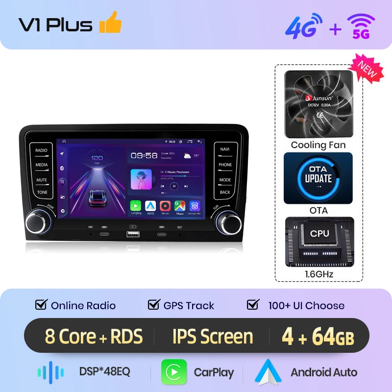 Junsun 7 ''Draadloze CarPlay Android Auto Radio Multimedia Voor Audi A3 8P S3 2003-2012 4G WiFi GPS Navigatie Autoradio