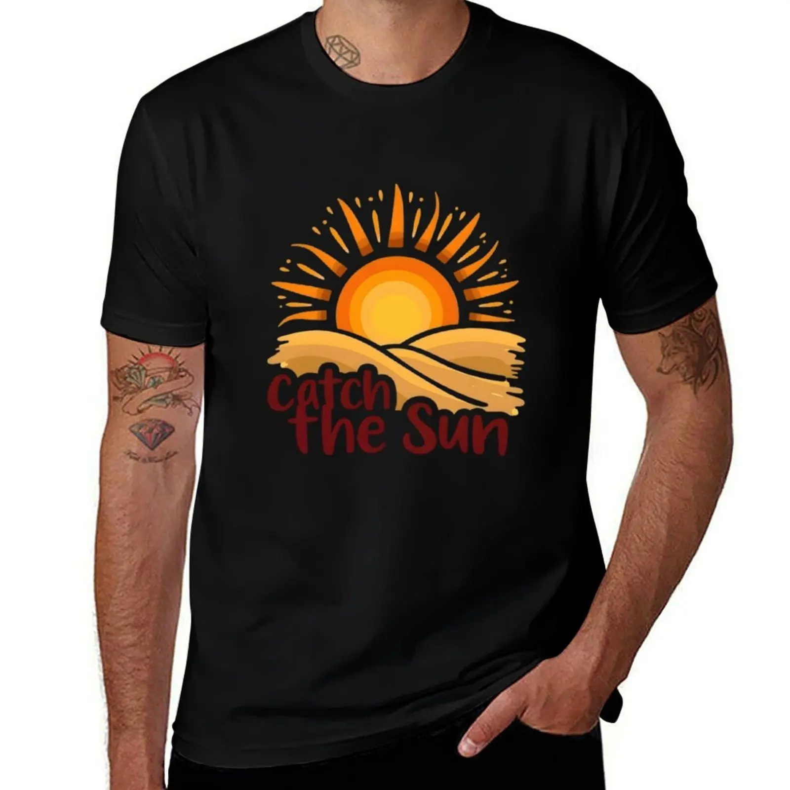 

Catch the Sun – Bold Typography with Radiant Sunburst Design T-Shirt anime stuff vintage t shirts plus size clothes mens t shirt