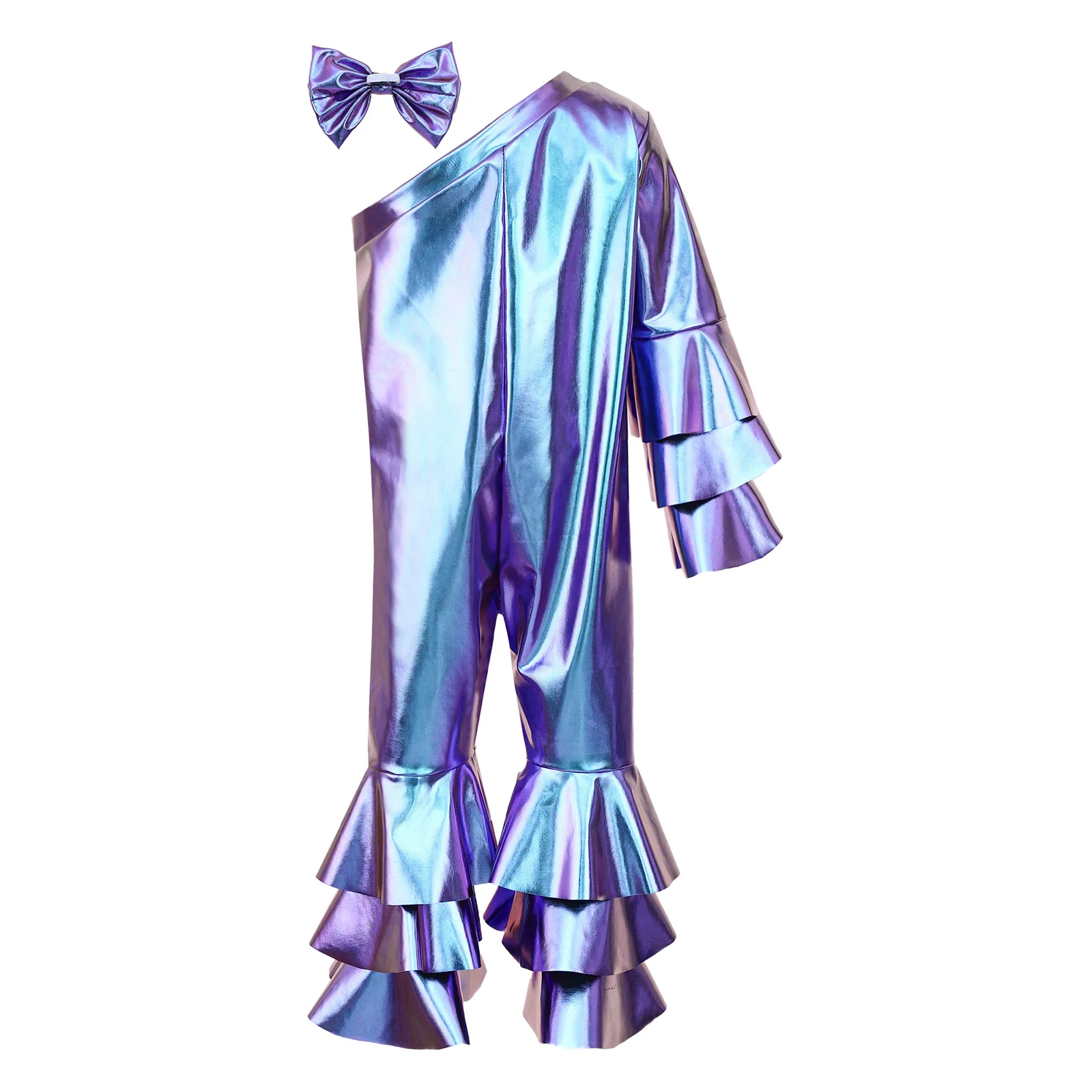 Baby Girls Metallic Shiny Romper One Shoulder Zipper Bell-bottom Jumpsuit with Bow Headband for Disco Theme Party Photo Shoot