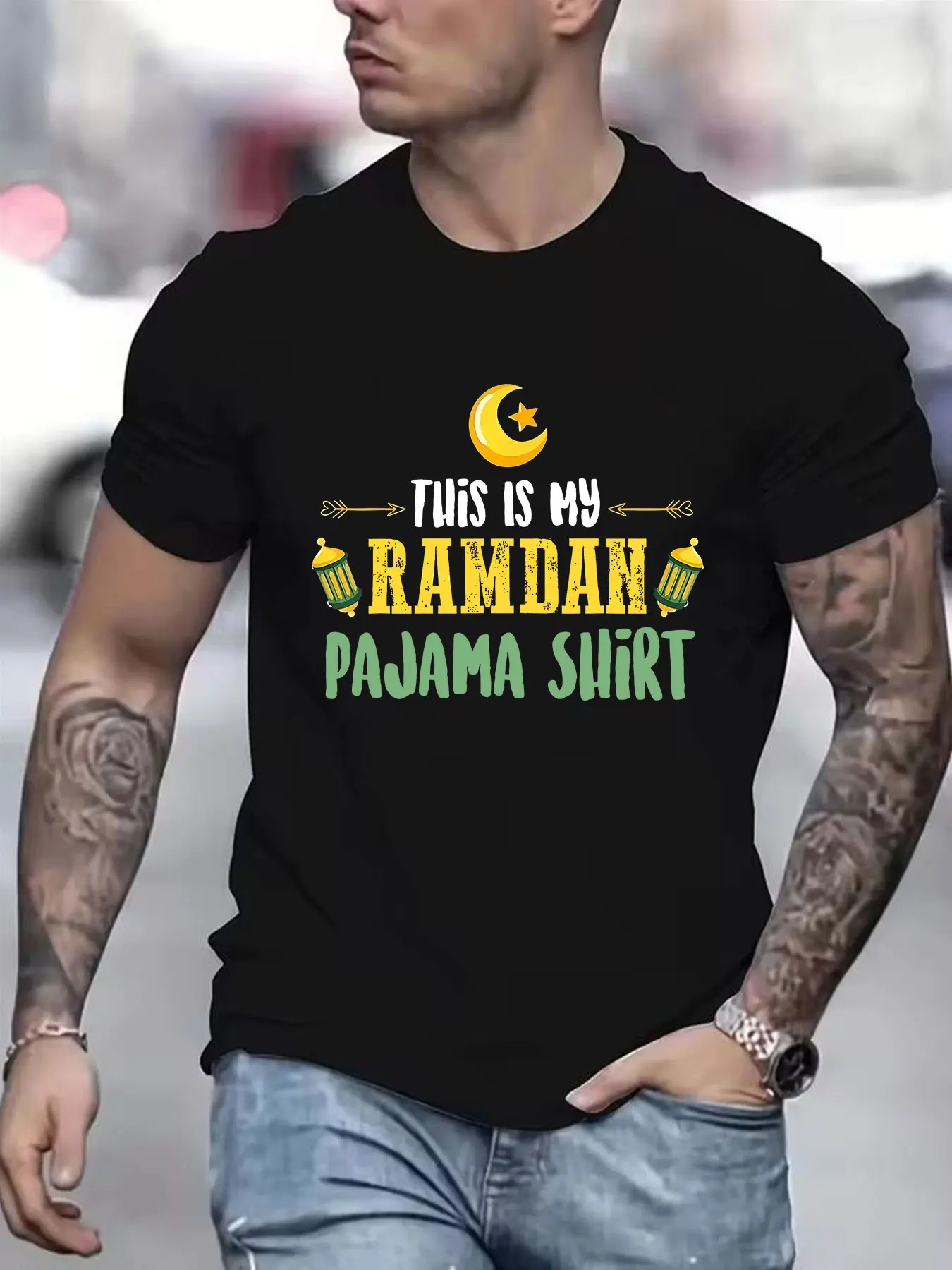 

Men's 'This Is My Ramadan Pajama Shirt' Graphic Tee - Black Cotton T-Shirt with Crescent Moon & Lantern Design, Casual Round Nec