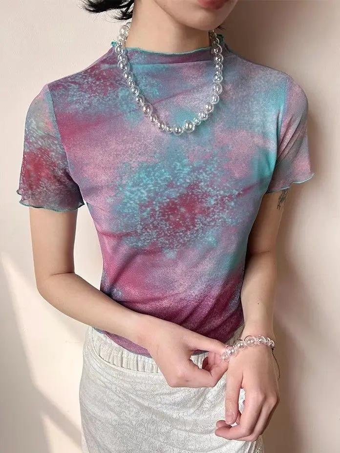

Korejpaa Fungus T Shirt Women Printed Short Sleeved T-shirt Half High Neck Slim Mesh Elastic Top Casual Y2k Clothes Aesthetic