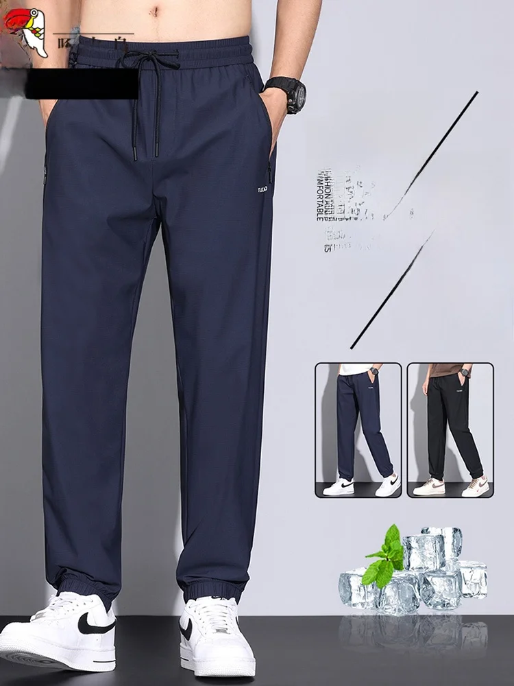 

Мужские спортивные брюки TUCANO из ледяного шелка с завязками, летние, тонкие, эластичные, быстросохнущие, повседневные, свободного кроя, универсальные, легкие, дышащие