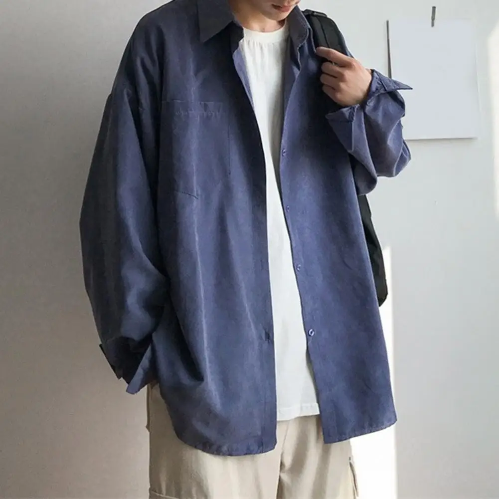 Мужская рубашка с лацканами и длинным рукавом, однобортная рубашка, топы, однотонная повседневная рубашка с накладными карманами, свободная посадка, удобная куртка