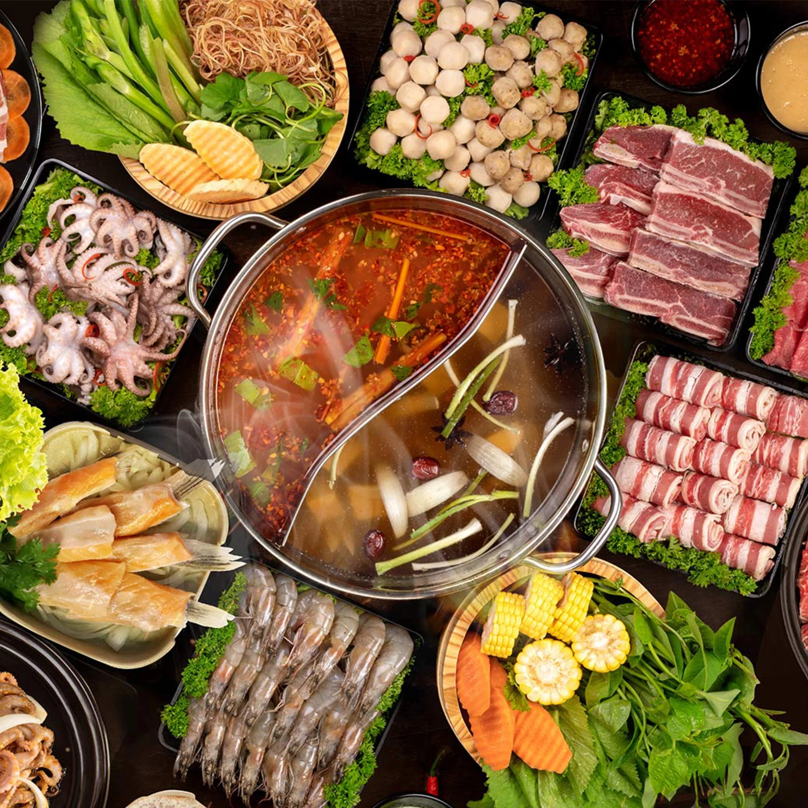 

Stainless Steel Basin 28cm Divider Pan Double Handle Practical Kitchen Stock Kitchen Hotpot Pot Chinese Hot Pot