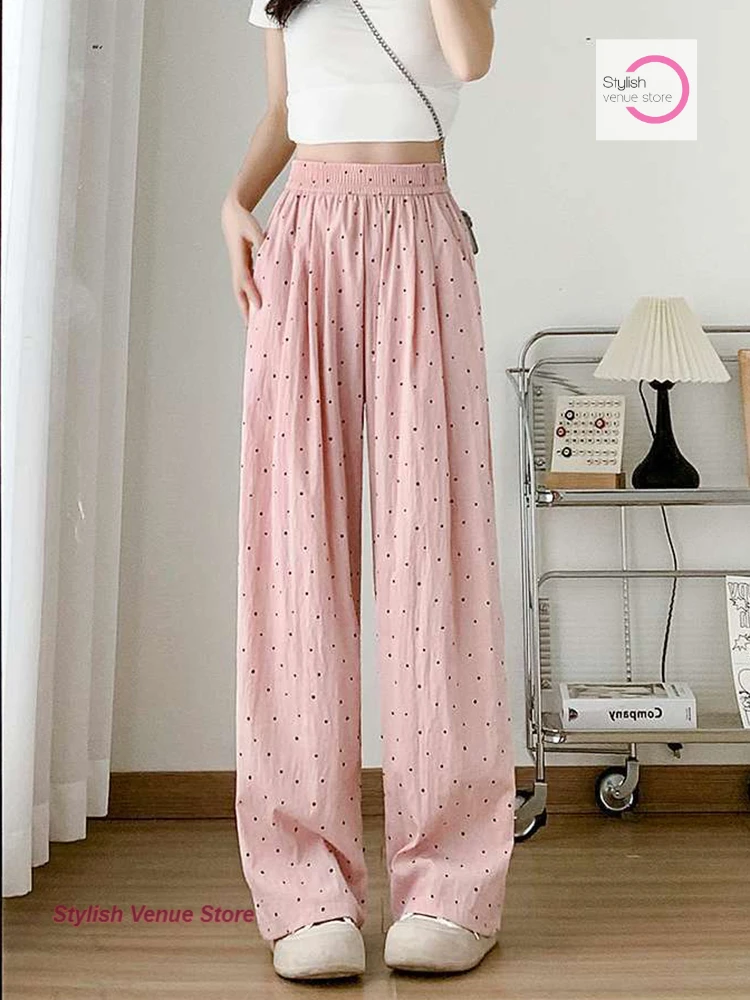 Japanese ice silk white polka-dot Yamamoto pants women's summer thin loose new fashion high waist drape casual wide-leg pants.