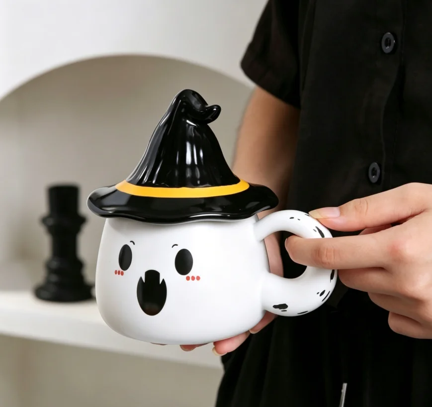 Halloween Ceramic Mug with Witch Hat Lid 330ml Cute Ghost Pumpkin Coffee Cup Creative Handgrip Drinking Cup for Home Party