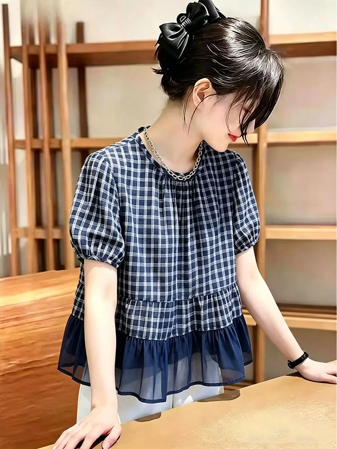 

Fashionable Plaid Color Block Design Loose Short Sleeve Shirt Women's Summer Casual Versatile Top Korean Style Straight Cut