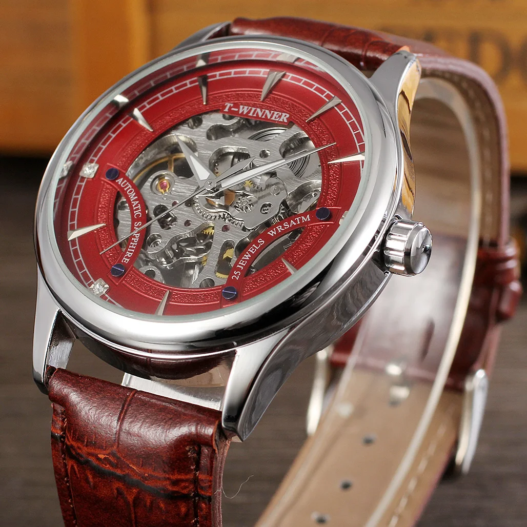 WINNER Original Replica Watch Red Transparent Skeleton Mechanical WristWatches for men Fancy And Stylish reloj hombre relógios