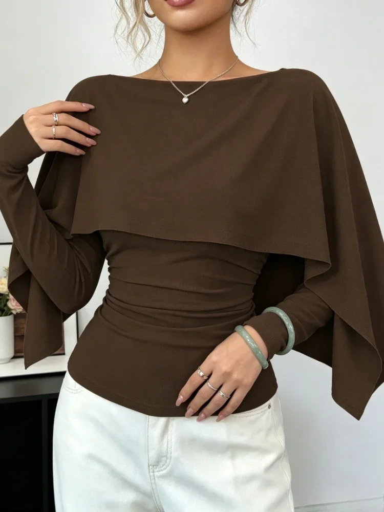 Autumn Women Boat Neck Cape Blouse Solid Color Long Sleeve Fitted Layered Cloak Overlay Elegant Office Casual Slim Shirt Top