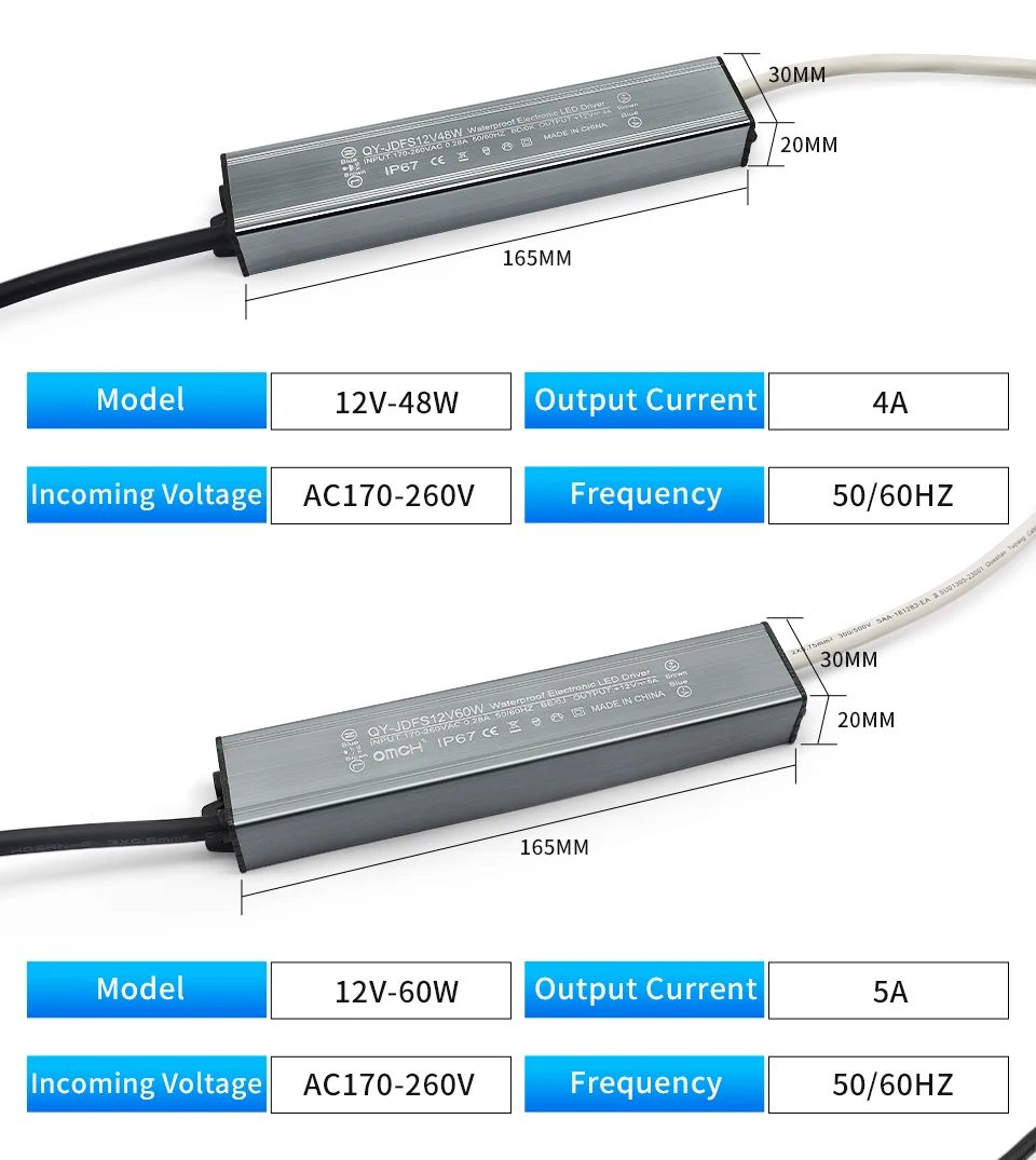 OMCH IP67 Waterproof Power Supply Lighting Transformer AC110V-220V to DC12V 24V LED Driver, 10W 20W 30W 50W 100W Outdoor Adapter